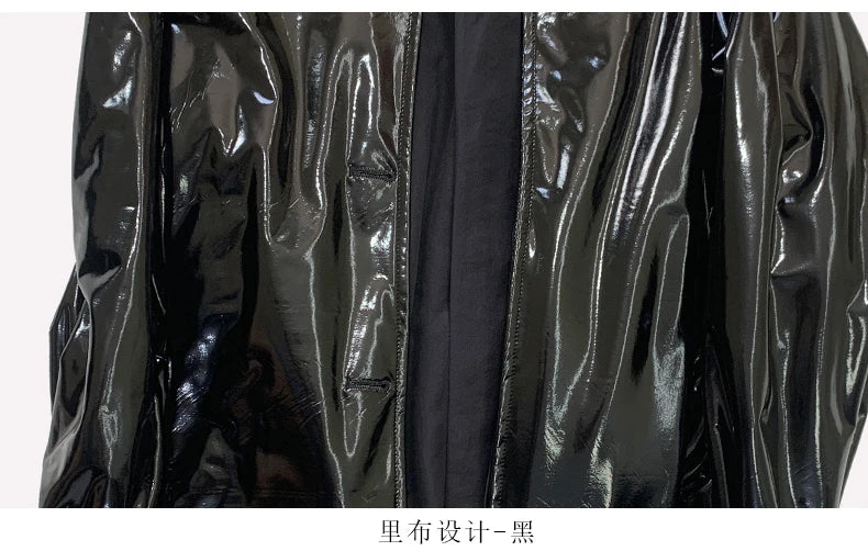 Nerazzurri Spring Autumn Oversized Thin Shiny Reflective Patent Leather Trench Coat for Women Double Breasted European Fashion