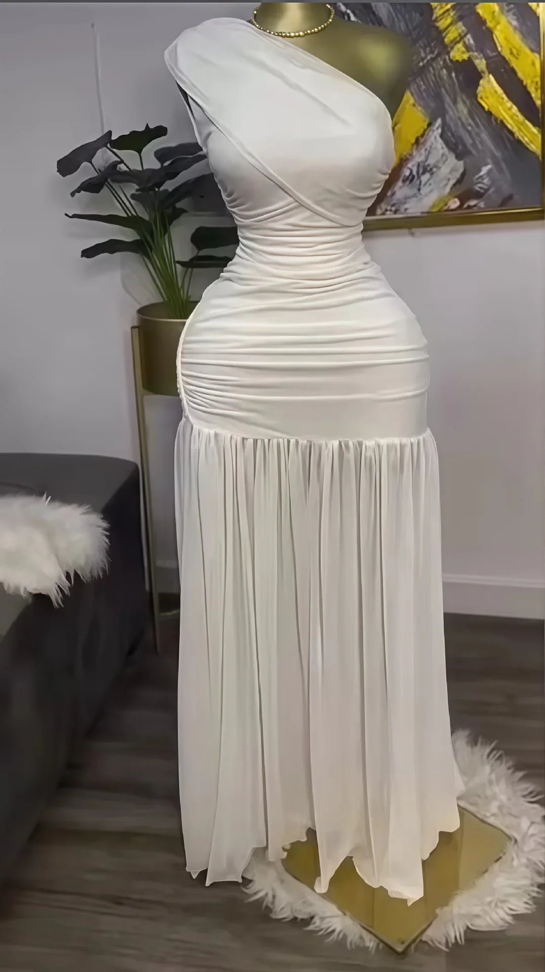Women One Shoulder Skew Neck High Split Pleated Hem Bodycon Long Maxi Dress 2025 Evening Sexy Club Party Dresses Vestido