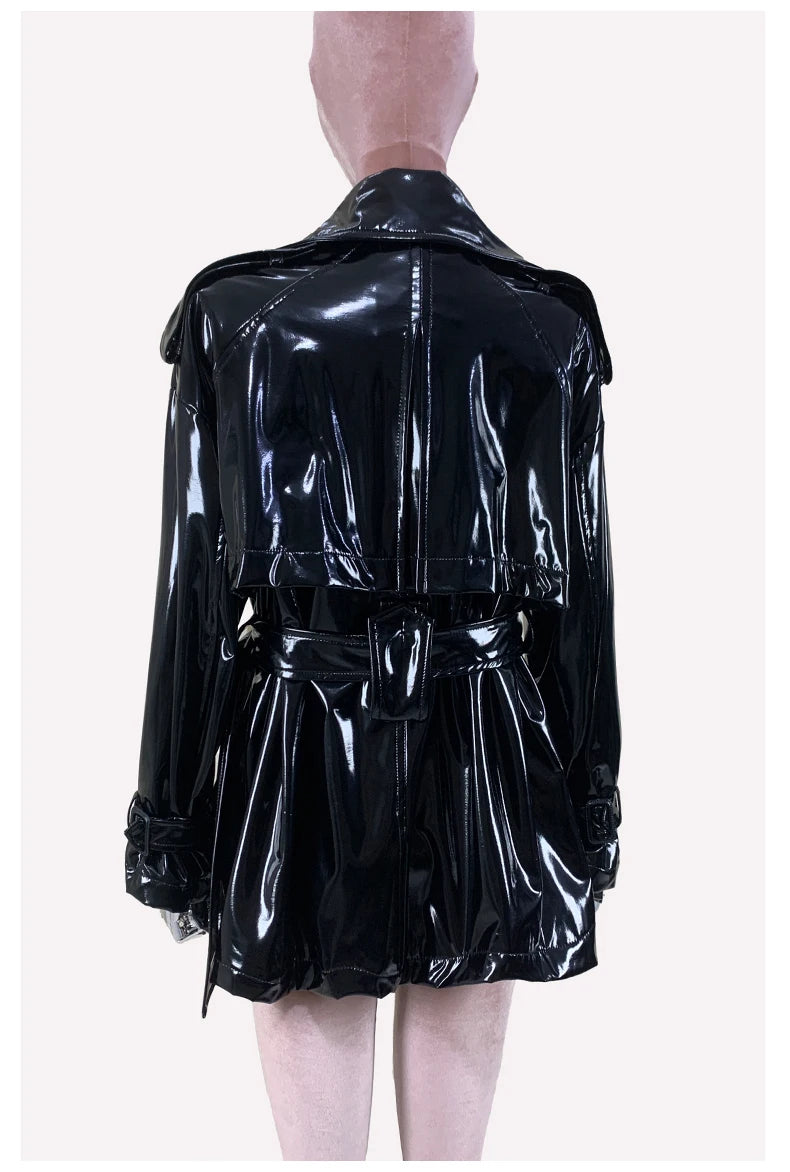 Nerazzurri Spring Autumn Oversized Thin Shiny Reflective Patent Leather Trench Coat for Women Double Breasted European Fashion