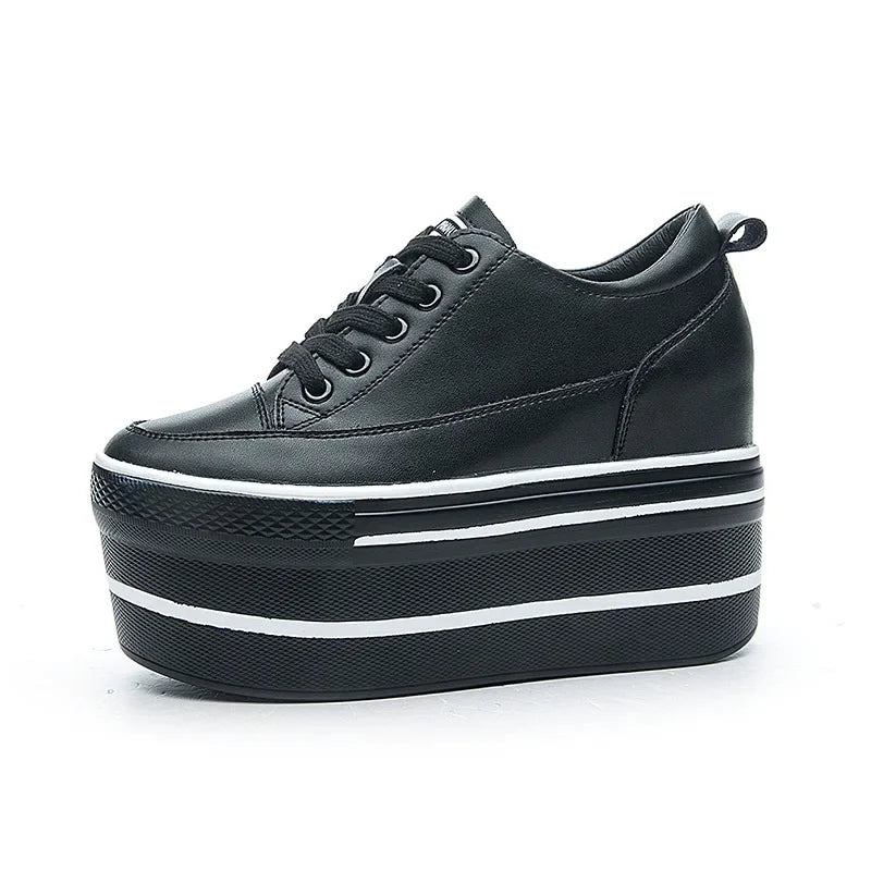 Fujin 10.5cm High Thick Heel Platform Flats Women Casual Shoes Genuine Leather Soft Quality Casual Shoe Sneakers White Black
