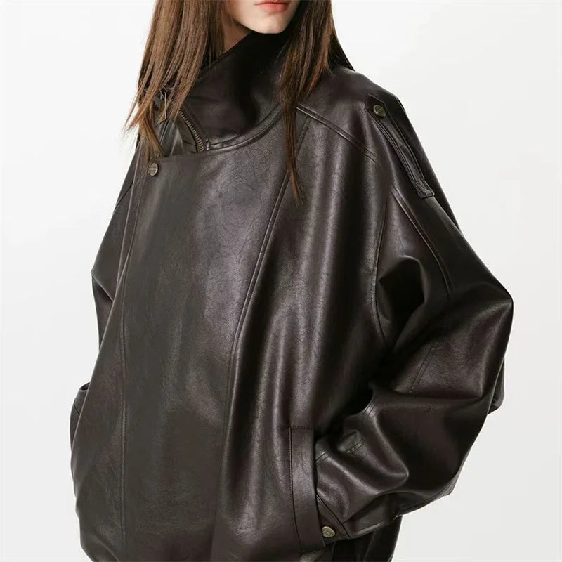 Winter Ladies High End Faux Leather Outwear American Femme Long Sleeves PU Leather Jacket Autumn Women Fashion Casual Loose Coat