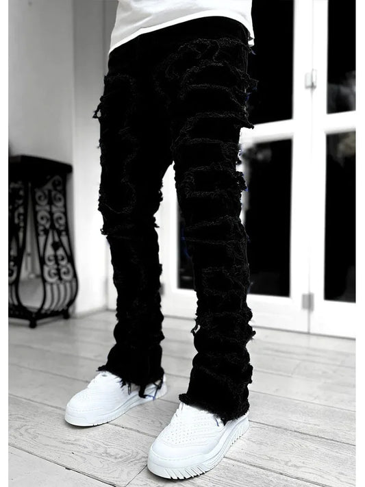 Men's Casual Distressed Jeans Tassels Patchwork Design Slim Fit Solid Color Stretch Denim Pants Straight Leg Streetwear Trousers