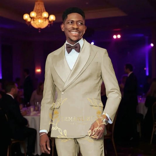 Beige Men's Wedding Suits Unique Collar Male Formal Groom Tuxedo Slim Fit Suit Outfits Elegant 2 Pieces Custom Made Male Suit