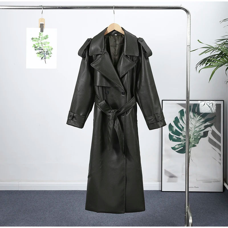 Double Breasted Lace up Long Leather Coat Woman Long Sleeves Loose Solid Color Casual Jackets Street Women's Early Autumn Coats