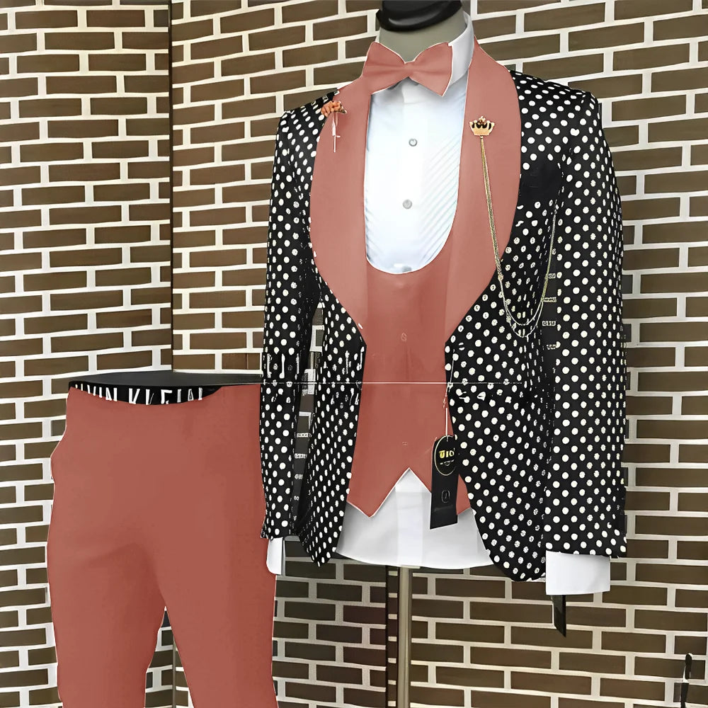 Spotted Men's Suit 3 Piece Set Wedding Groom Tuxedo Custom Slim Fit Blazer Pants Vest Men's Elegant Suit