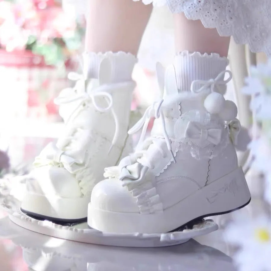 Kawaii Rabbit Tail Short Boots Women's Fleece Lined Thick Heel Lolita Snow Boots Winter Warm Cute Cotton Shoes for Women