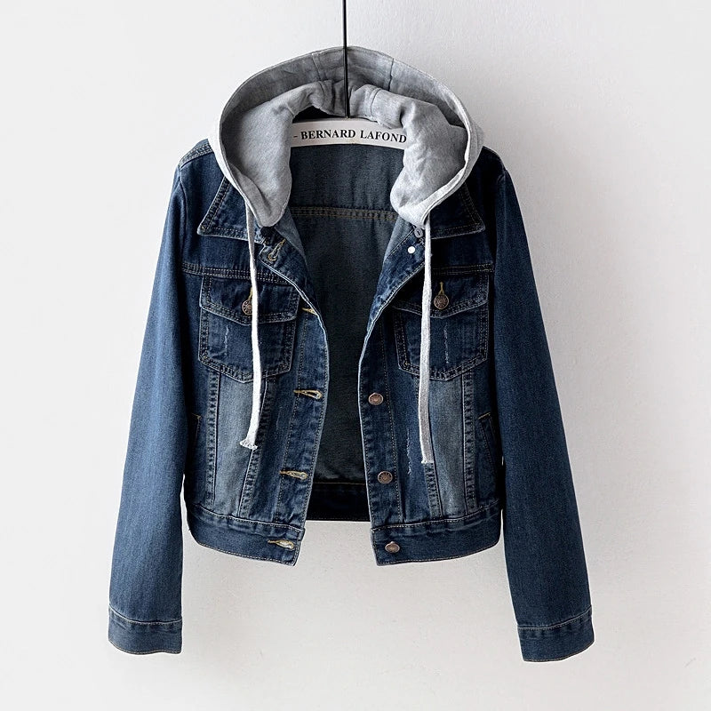S-5XL Women Denim Jackets Spring Autumn Single-Breasted Detachable Hood Short Jean Jacket All-Match Casual Slim Outerwear