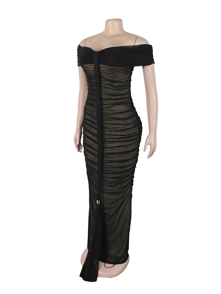 Off The Shoulder Dresses for Woman Transparent Mesh Long Summer Dress Sexy Draped Skinny Dress Evening Wholesale Dropshipping