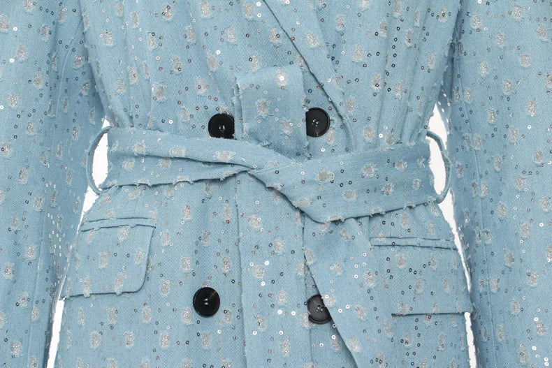 Runway Women Long Denim Jacket Sequin Luxury Jeans Coat Belt Stylish Windbreaker Winter Outerwear Korean Streetwear Overcoat