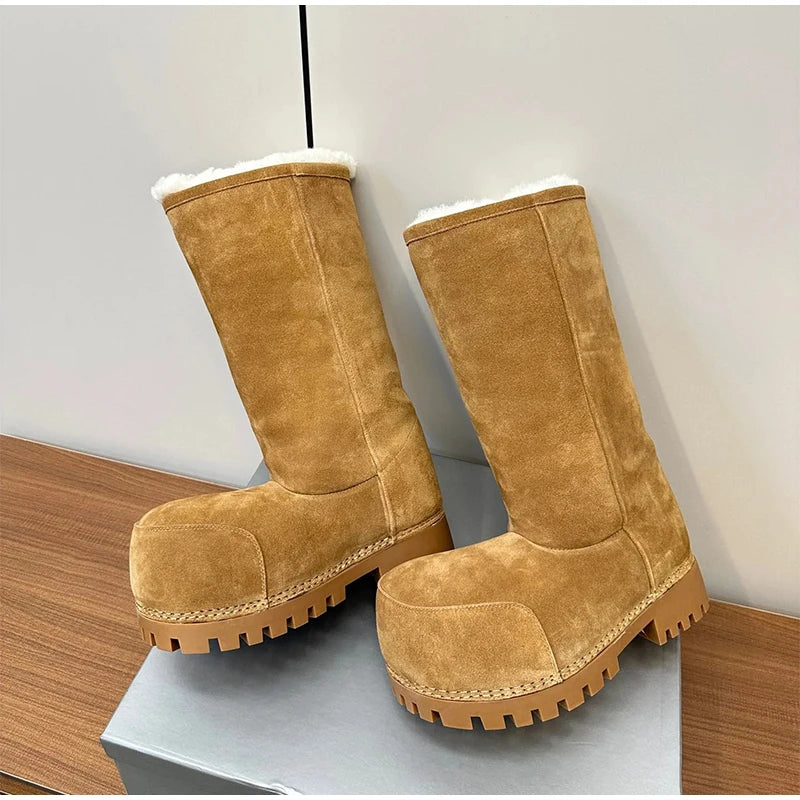 New Fashionable Snow Boots Platform Elevating Warm Cotton Shoes Warm Big Head Design Long Boots Ladies All-over Brown Long Boots