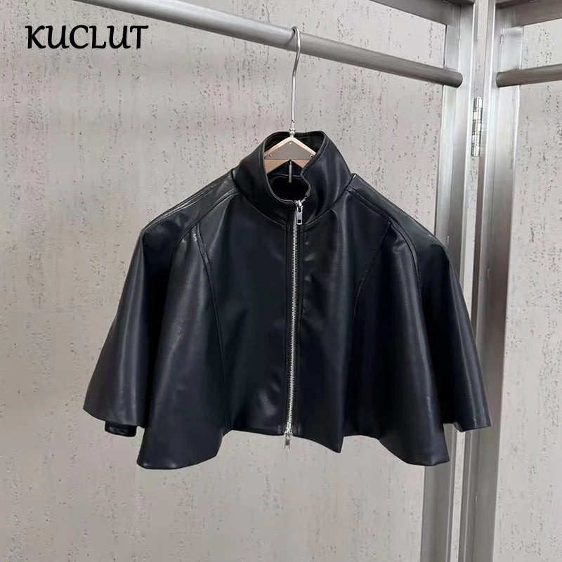KUCLUT 2026 Autumn Stand Collar Cape With Ruffles Puffy PU Leather Jacket For Women Short Zipper Motorcycle Style Coat 1A4196
