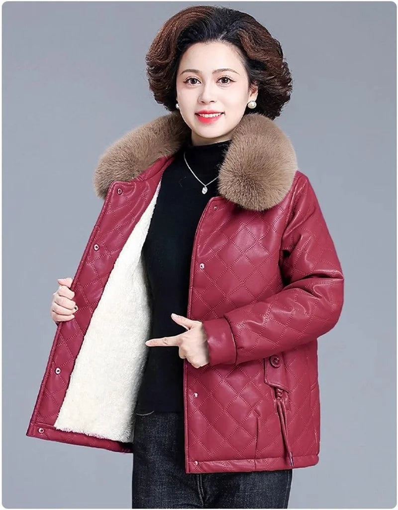 High End Middle Aged Women's Leather Jacket Winter New Thicken Warm Big Fur Collar Faux PU Leather Coat Female Outerwear 5XL