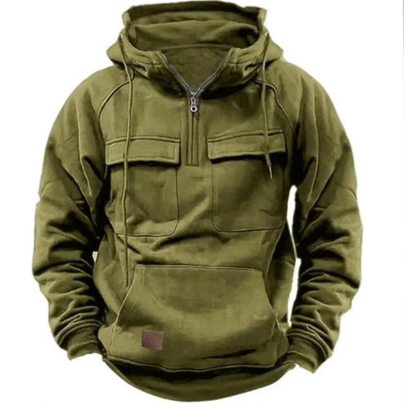 Autumn Winter Hoodies Men half-zip Patchwork Warm Fleece Sweatshirts Multi Pockets Male Fashion casual pullover Outdoor Hoodie
