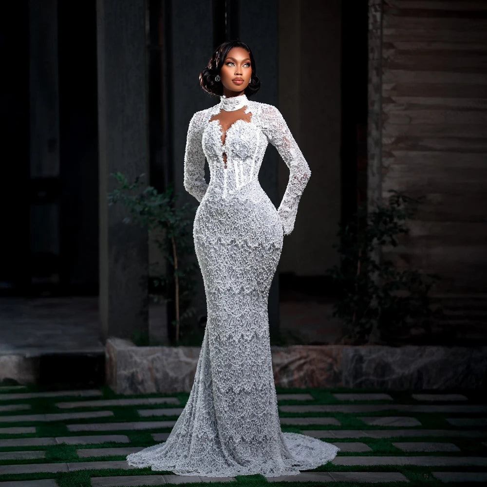 Luxury Mermaid Wedding Dresses for Africa Bride Long Sleeves Sweep Train Lace Pearls Sequined Bridal Reception Gowns Customized