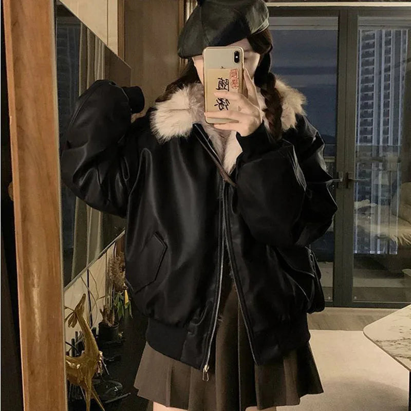Winter Thick Warm Fleece Hooded Jacket Women Korean Fashion Loose Zipper Leather Coats Chic Full Faux Fur Lined Bomber Outerwear