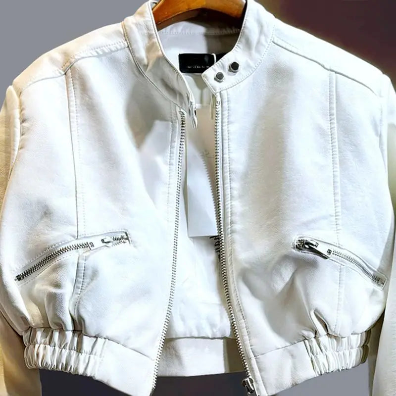 2025 Autumn New Handsome Versatile Short Motorcycle Jacket Top High Waist PU Leather Jacket for Women  Faux Fur Coat