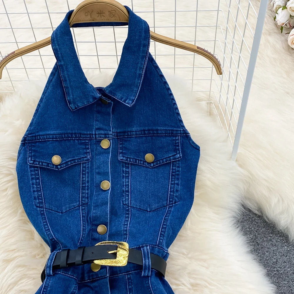 Denim Dress Women Sexy Long Dresses Vintage Vestidos A Line Sleeveless Backless Single Breasted Pockets 2025 Summer Sundress