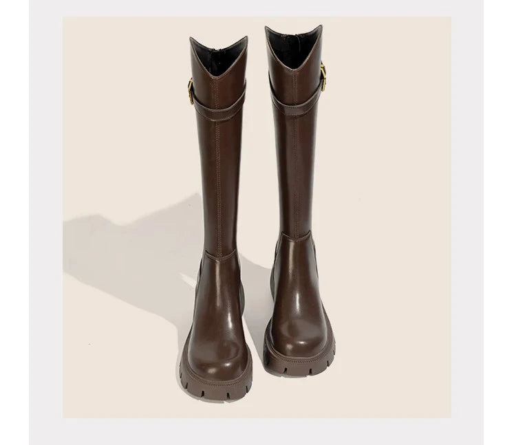 Fur Lining Women Knee High Boots Fashion Knight Long Booties Square High Heels Autumn Winter Warm Short Plush Shoes