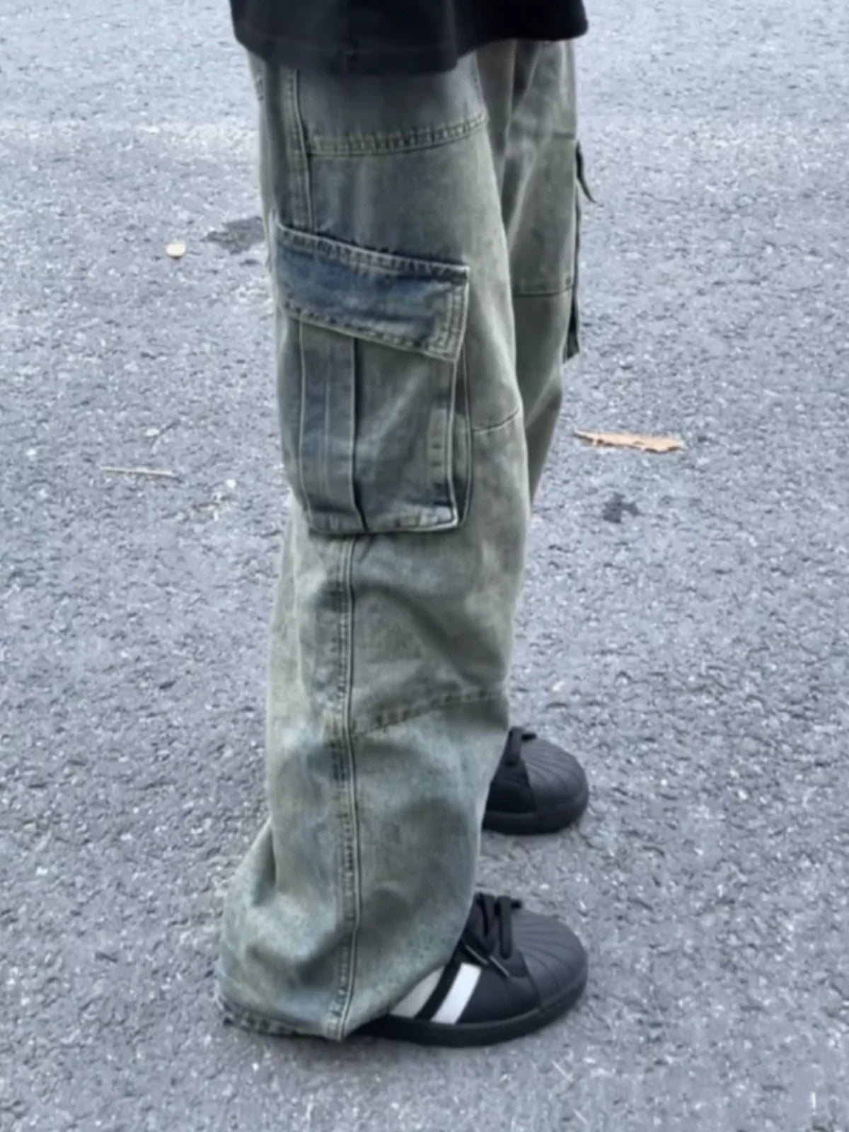 Retro American Washed Multi-Pocket Workwear Flared Jeans Men's Straight Loose Wide Leg Long Pants Cotton Polyester Blend