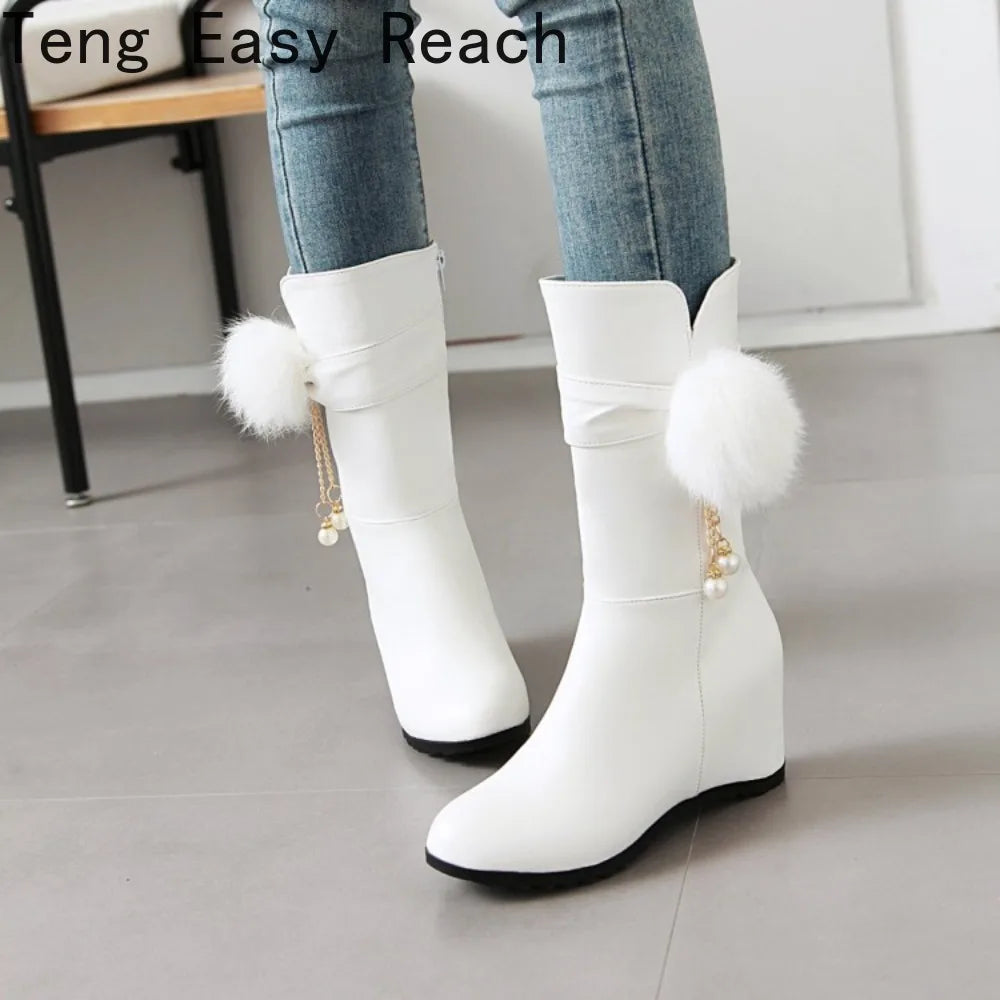 Women Snow Boots Autumn Winter Keep Warm Fur Wedges Increasing Faux Suede Round Toe White Princess Boots New 2026