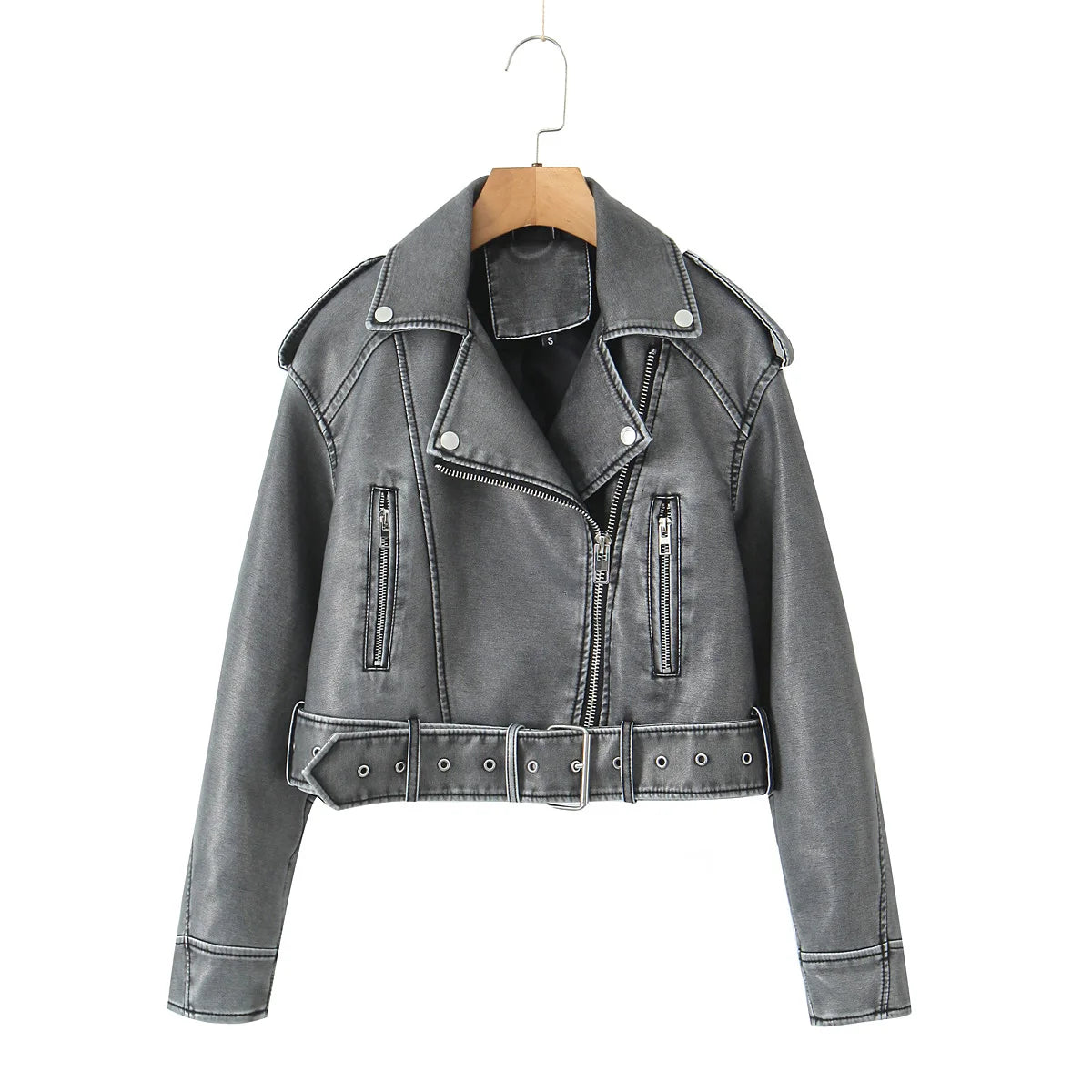 Women Autumn Winter Loose Gray PU Faux Leather Short Jackets Belt Female High Street Zipper Retro Moto Biker Coats Outwear XS-XL