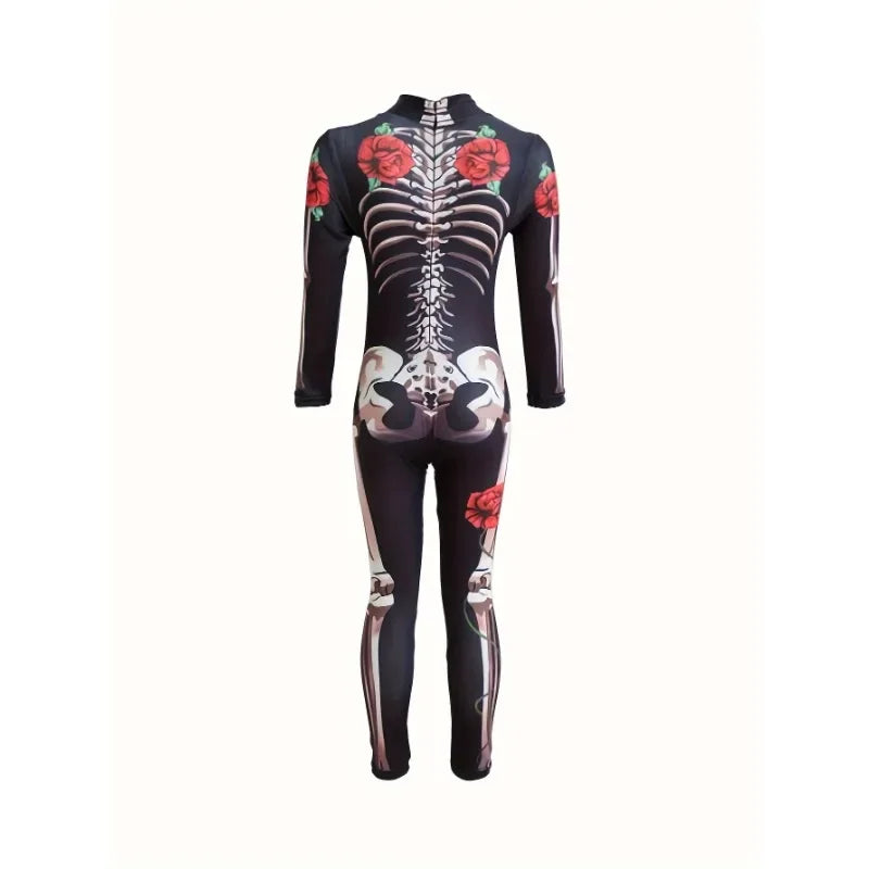 Halloween Girls Ghost Bride Theme Party Dress Costume Women's Skeleton Rose Pattern Printed Skeleton Long Sleeve Jumpsuit Party