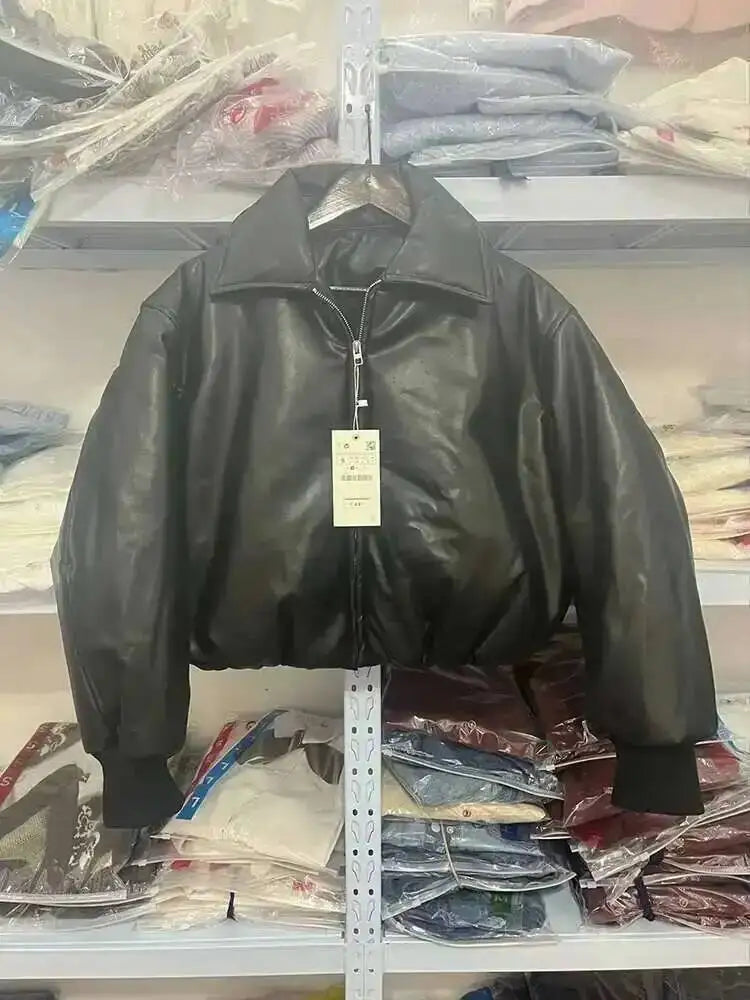 SHENGPALAE Women's Fashion 2026 Autumn Winter New Clothes Solid Color Leather Thicken Warm Female Short Cotton Jacket 5C1437