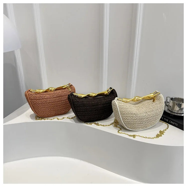 Luxury Metal Handle Clutch Bag Women Exquisite Handmade Rattan Woven crossbody Bag Half-moon Beach Bags Roomy Straw Tote Bag