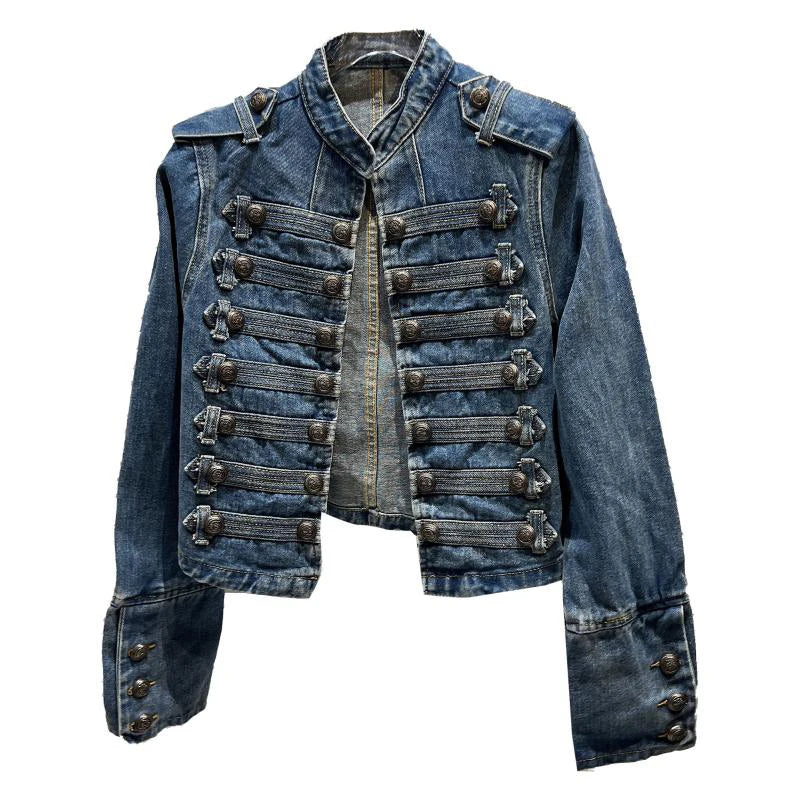 DEAT 2026 Autumn New Fashion Metal Buckle Design Shoulder Strap Denim Short Jacket For Women High Street Coat Female 11A06995