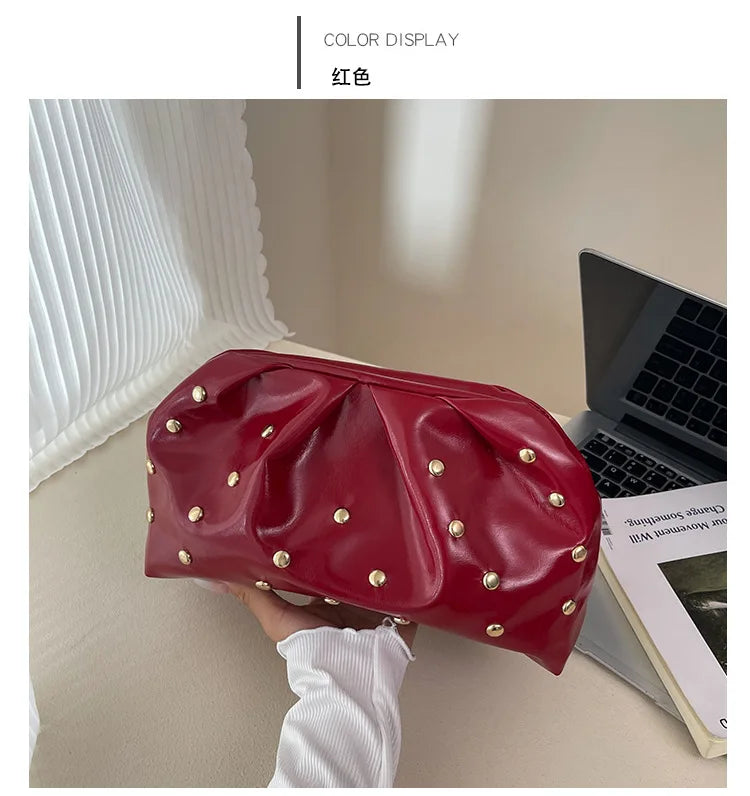 Simple Versatile Clip Evening Handbags for Women Solid Color Rivet Pleated Design Ladies Clutch Female Soft Pu Leather Purse