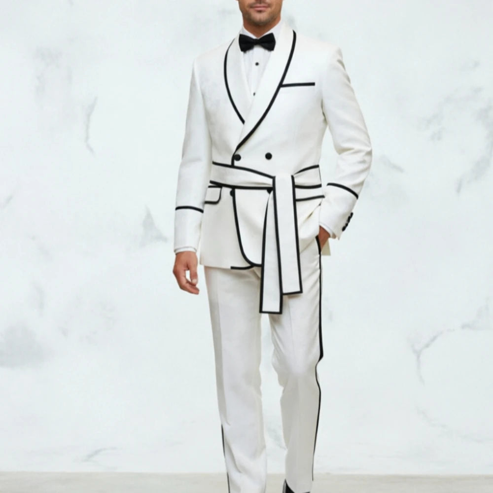 White Wedding Tuxedo Double Breasted for Men Black Piping Groom Suit with Belt Slim Fit Formal Prom Party Blazer with Pants