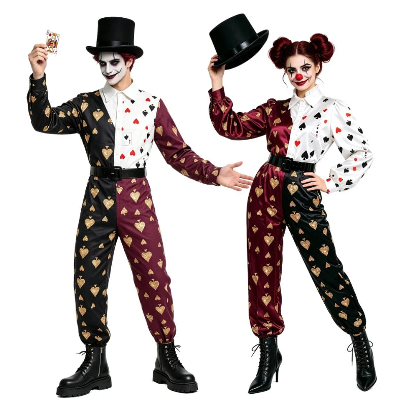 Adult Men Women Poker Clown Couple Cosplay Costume Circus Funny Performance Jumpsuit Halloween Carnival Party Fantasy Outfits