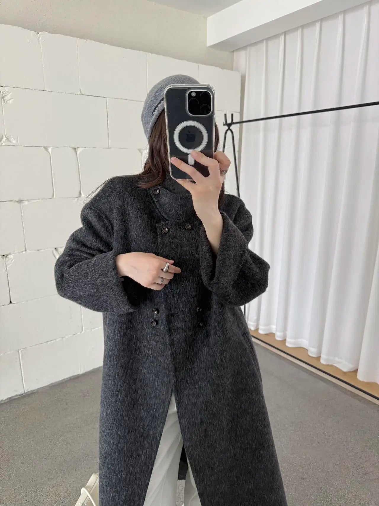 Ladies' 100% wool coat, high-end slimming stand up collar, double breasted loose long woolen coat, autumn and winter bestseller
