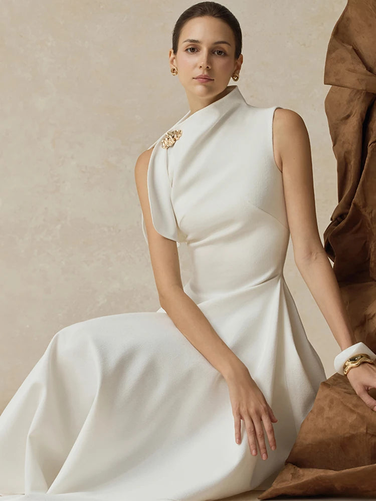 DEAT Elegant Dress Stand Collar Irregular High Waist Long Solid Color Women's Evening Party Dresses 2025 Winter New Tide 35Z3948