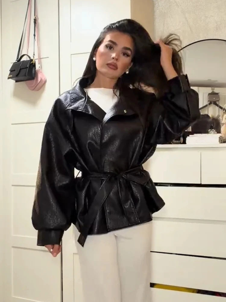 Casual Leather Jackets Women High Neck Long Sleeves Single Breasted Belts Loose Pu Coats Female 2026 Autumn New Chic Outwears