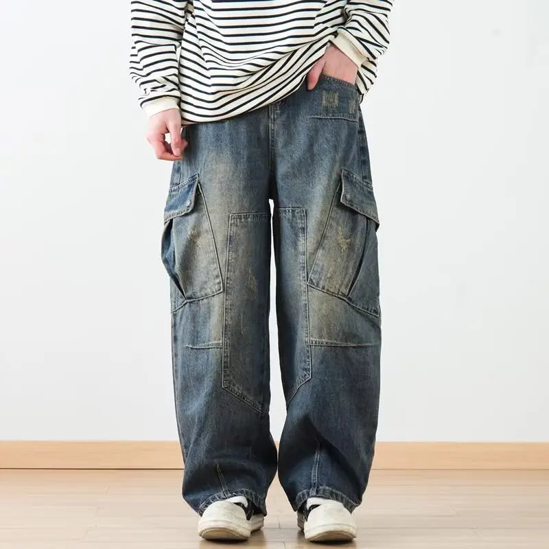 Retro American Washed Heavyweight Patchwork Wide Leg Men's Jeans Casual Loose Workwear Trousers with Multiple Pockets