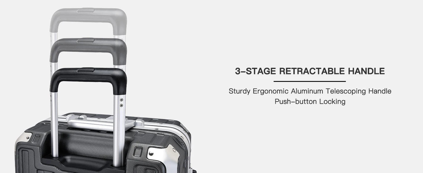 Hard Case Suitcase Trolley Aluminum Frame suitcase PC hand luggage with 4 Rolls TSA Check-in Luggage Trackcase Black