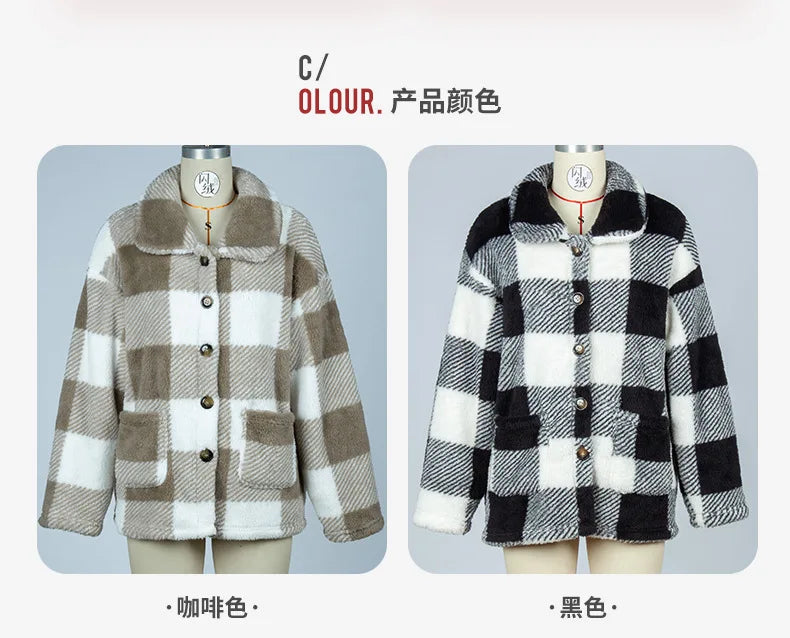 2026 Autumn Winter Long Sleeve Thick Jacket For Women Plush Warm Button Casual Coat Lady Elegant Loose Plaid Coat Female Clothes