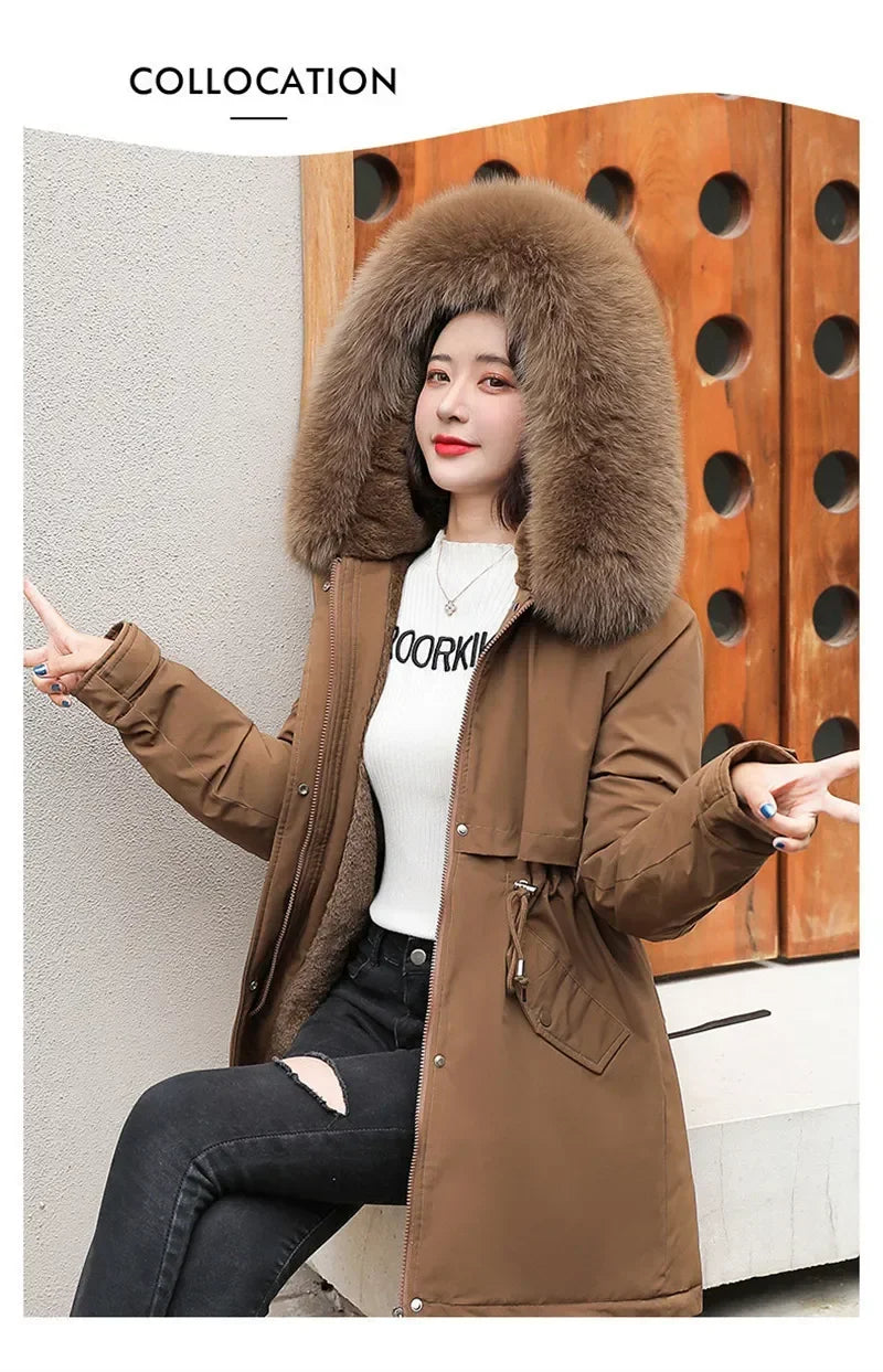 Winter Coat Low Price On Sale Women Beige Add Wool Thick Warmth Fur Hooded Parkas Jacket 2026 New Fashion Belt Slim Cotton Coat