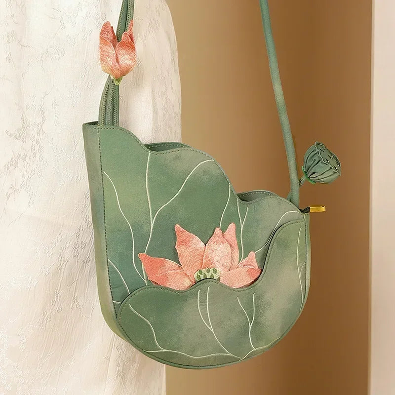 Elegant Chinese Style Lotus Leaf Floral Embroidery Shoulder Bag for Women Designer Handbag Fashionable Female Bag New Collection