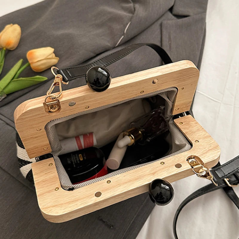New Black Stripe Canvas Wooden Clip Bag Women Bag Fashion Shoulder Bag Crossbody Bag