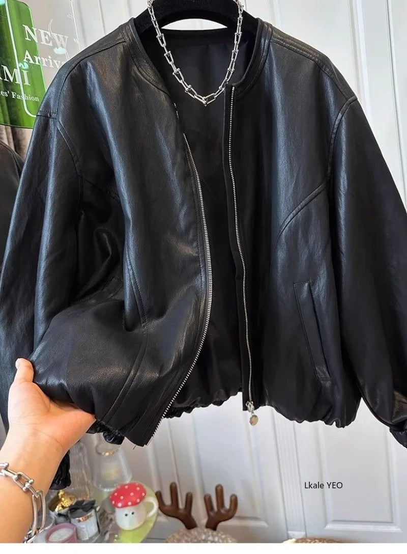 Women's Leather Coat 2026 Spring Autumn Comfortable Loose Slim Female Faux PU Outwear Round Neck Zipper Ladies Short Jacket