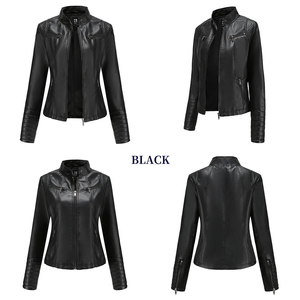 2026 New Women's Slim Leather Jacket, Stand-up Collar, Zipper Stitching, Monochromatic PU Coat, Fashion Clothing.