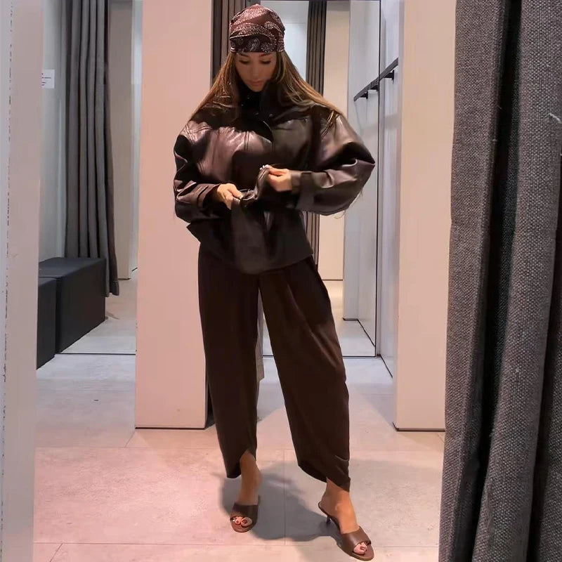 Faux Leather Jacket Stand Collar Winderbreaker Woman Waist Tie Belt Coat Long Sleeve Loose PU Leather Coat Street Wear Clothes