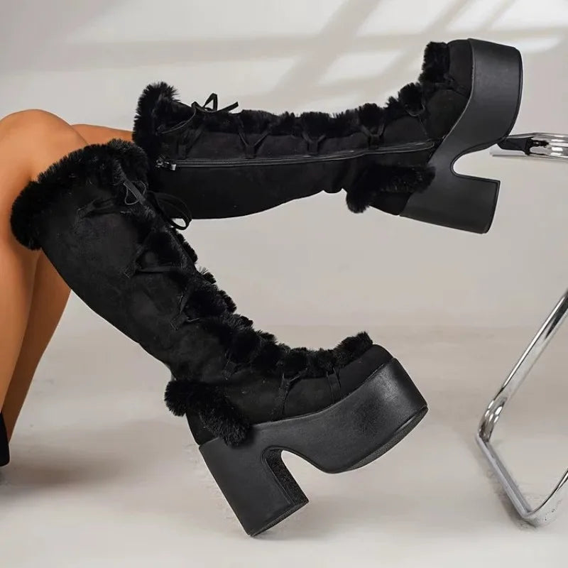 New Winter Women's Snow Boots Platform Wedge High Heel Faux Fur Womens Boots Plush Warm Non-slip Platform Boots Botas Para Mujer