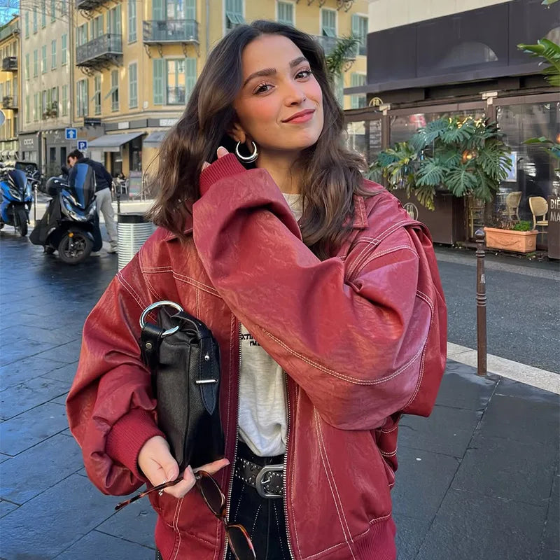 Women Stand Collar Leather Pilot Jacket Red Zipper Cropped Coat Fashion Casual Fashion Outerwear 2026 New Arrival Streetwear