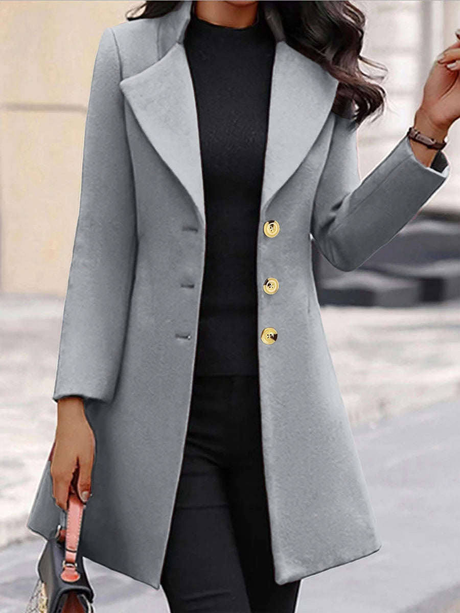 Women Autumn Winter Elegant Woolen Coat Slim Fit Long Jacket Office Lady Single Breasted Lapel Overcoat Female Solid Outerwear