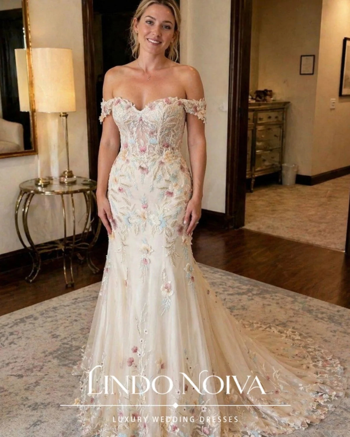 LINDO NOIVA Off The Shoulder Mermaid Wedding Dress Floral Embroidery Bridal Gown Romantic Train Vestido De Novia Customized