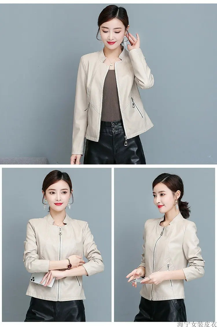 Real Leather Biker Jacket Women's Short Style 2026 Spring Autumn New Korean Version Slim Fit Stand Collar Miniature Coat