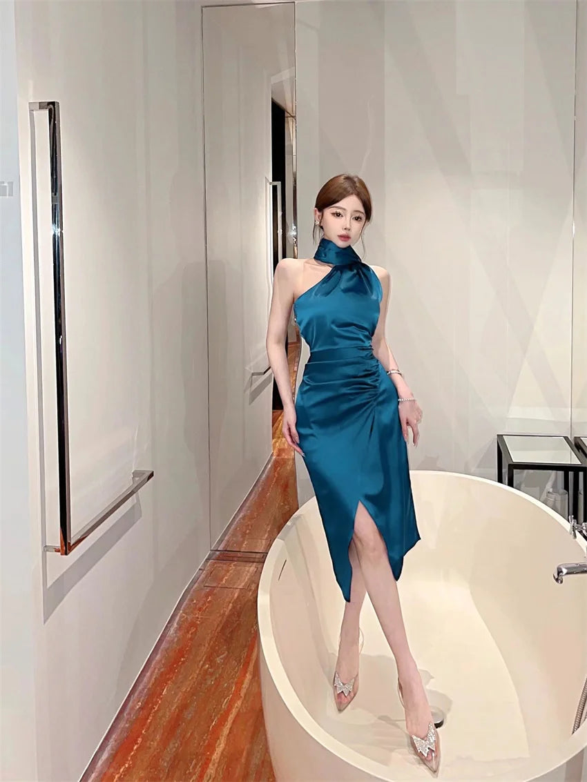 Summer Korean Fashion Sexy Club Robe Women's Sleeveless Irregular High-slit Bodycon Dress Elegant High End Party Evening Dress